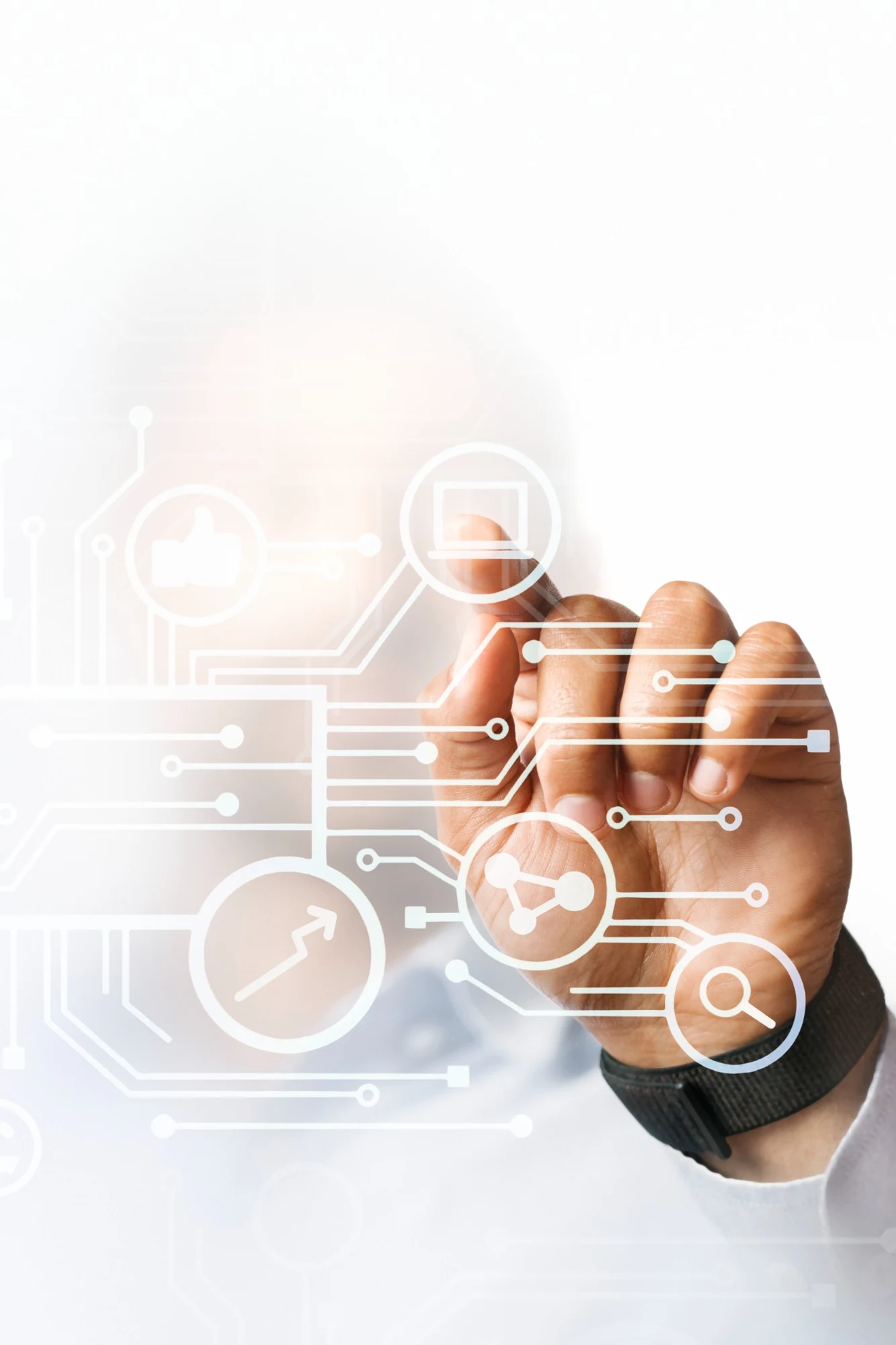 A hand connecting business information on a digital screen